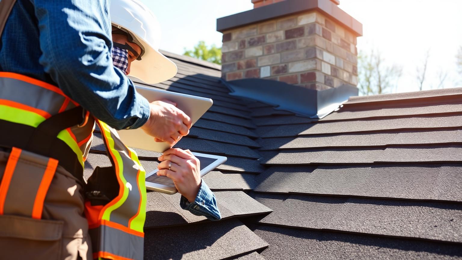 Roofing professional inspecting shingles and chimney flashing during a Fresno roof inspection