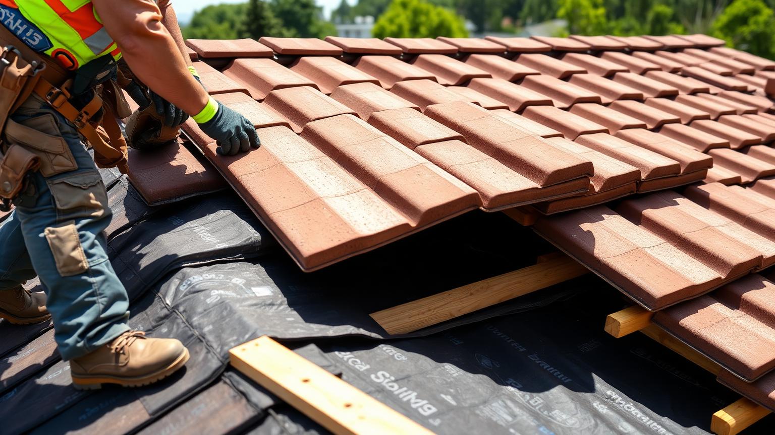 Roofer lifting concrete roof tiles to expose the underlayment and battens during a lift-and-relay