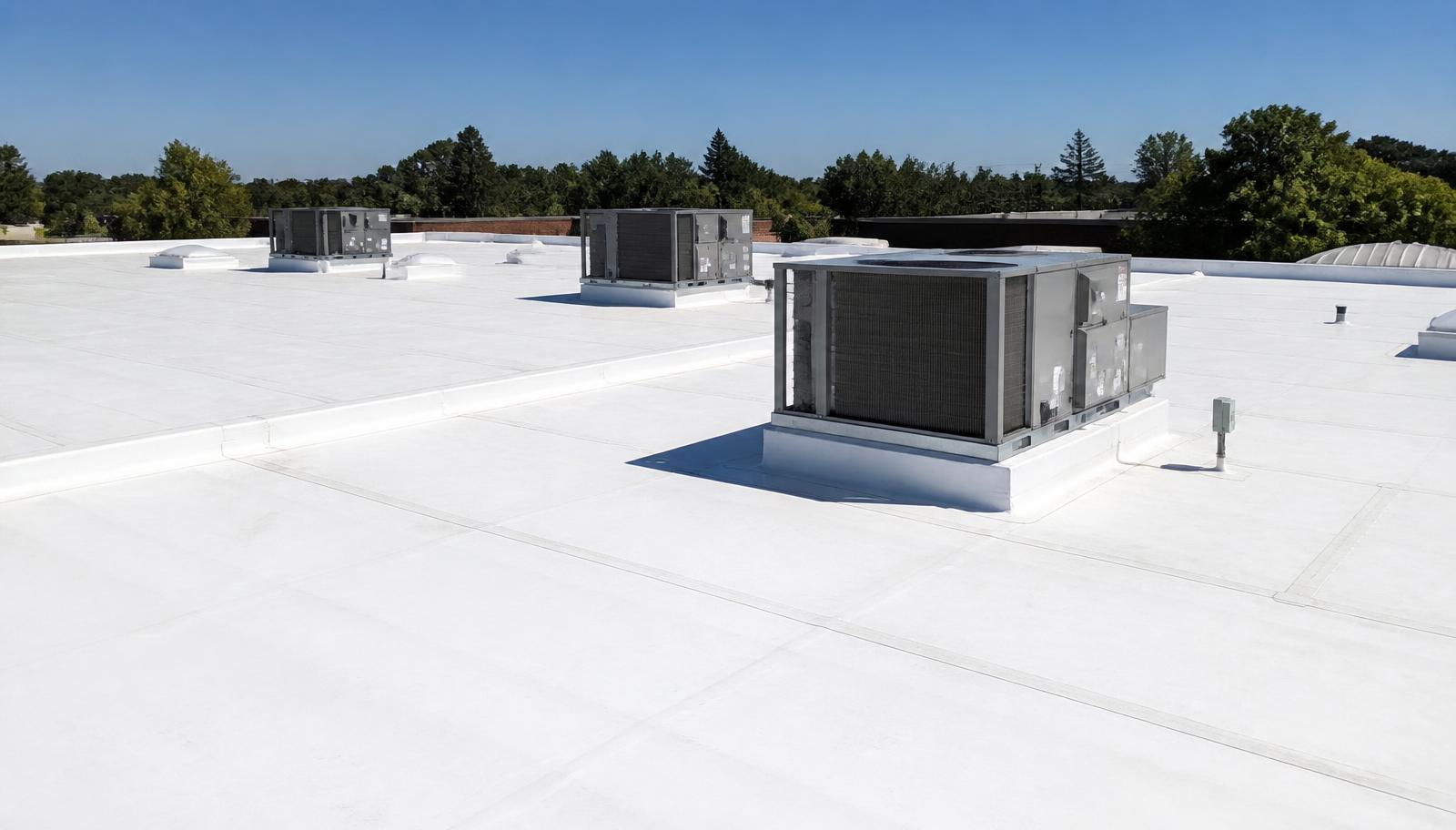 White TPO membrane flat roof reflecting sunlight on a Central Valley commercial building