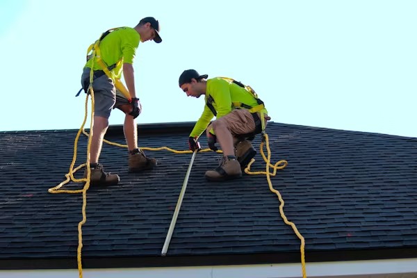 Crew installing new shingles during a residential roof replacement in California