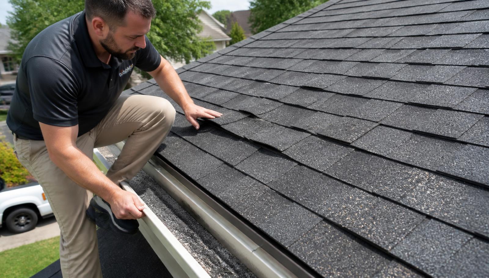 Roofer checking curling shingles and granule loss in the gutter on a Selma home