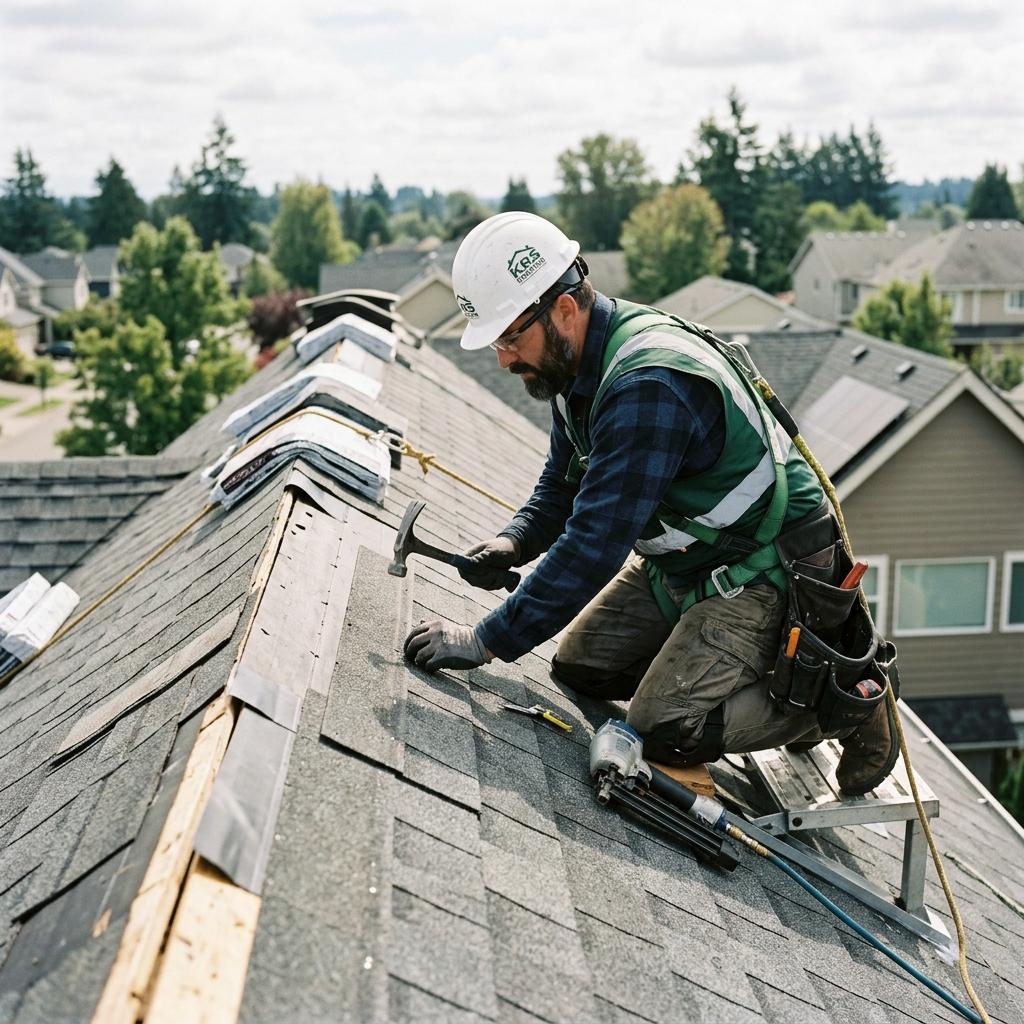 Roof inspection before new roof installation in California showing shingles and flashing