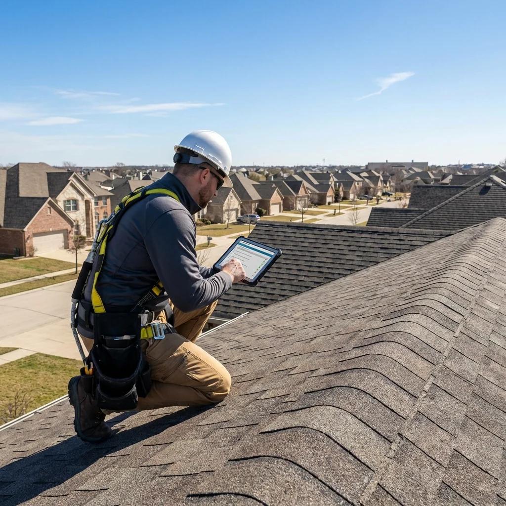A Professional inspecting roof during roof maintenance in California.