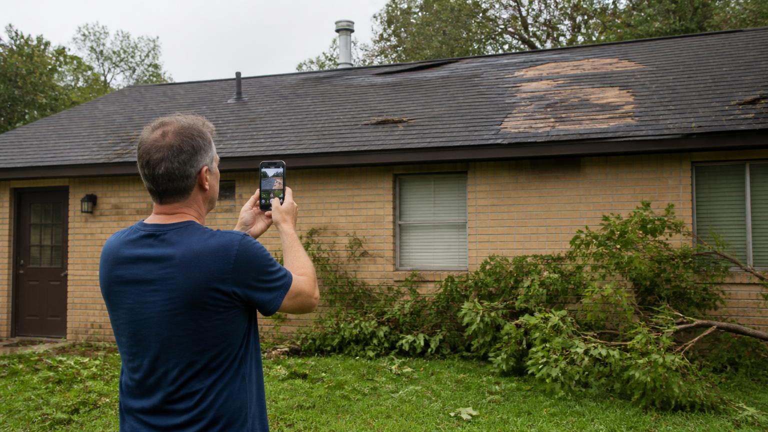 Homeowner photographing storm damage to shingles from the ground with a smartphone after a Clovis storm