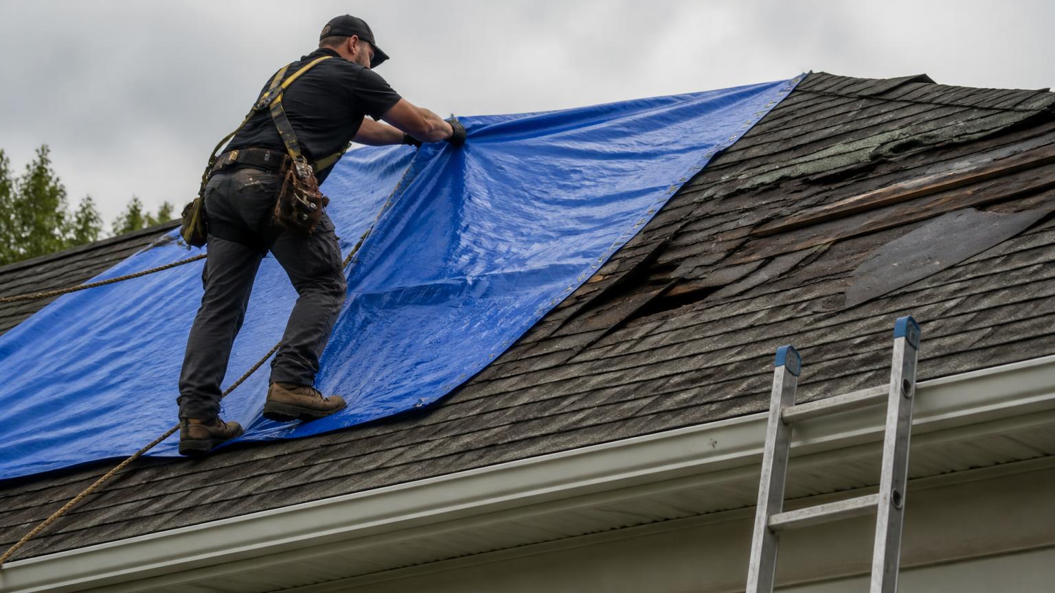 Roofer in a safety harness installing an emergency blue tarp over storm-damaged shingles on a Clovis home