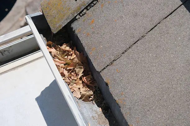 Clogged gutter shows why rain gutter cleaning in California helps protect the roof and foundation.