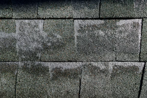 Granule loss on aging asphalt roof shingles.