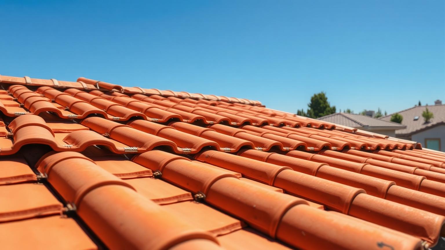 Concrete tile roof on a Madera California home under bright sun