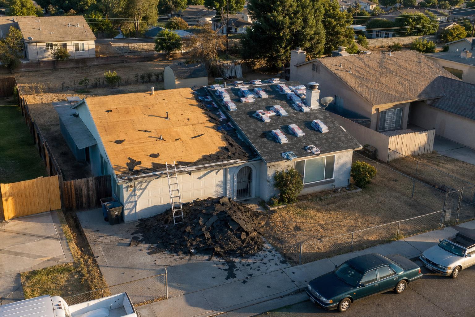 Aerial view of a completed asphalt shingle roof in Fresno, California