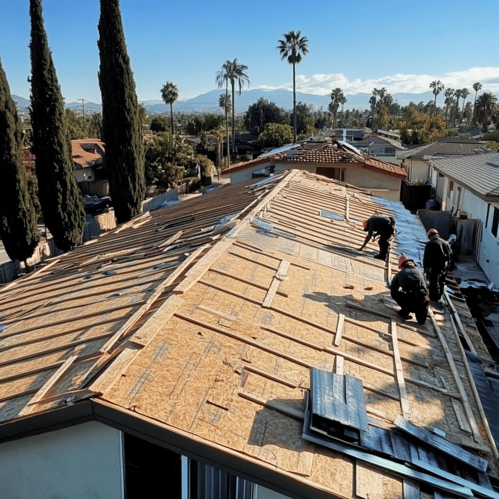 Professional residential roof installation in California on a newly roofed home.