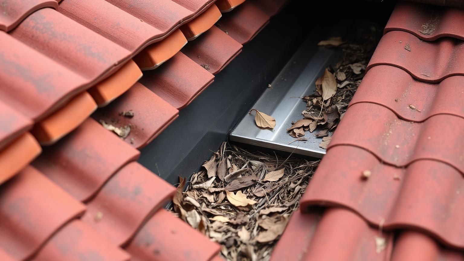 Debris collected in a tile roof valley over metal valley flashing