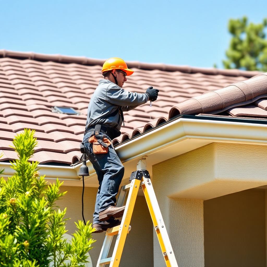 Roofer clearing leaves and debris from a home's rain gutters in California